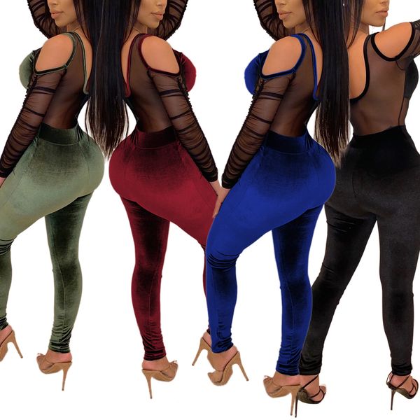 

spot 2020 european and american spring and summer solid color women's mesh yarn velvet jumpsuit two-piece female, White