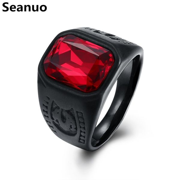 

seanuo 17mm red spark stone black titanium steel men wedding ring fashion punk men's gothic crystal biker motorcycle rings 7-10, Silver
