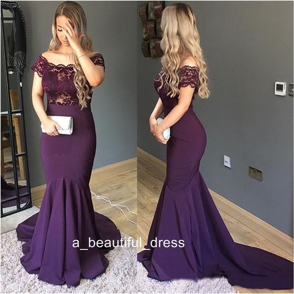 Sexy roxo tamanho Plus Evening Formal vestido colher Sheer pescoço com mangas Satin Mermaid Lace ver através Designer Prom Dress baratos ED1223