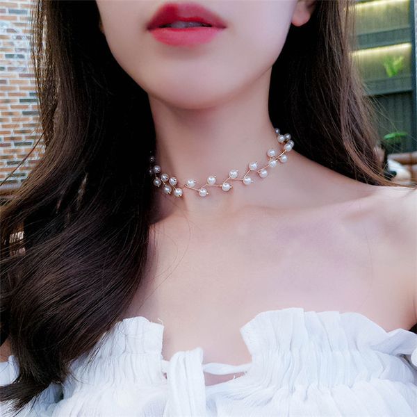 

2018 new simple imitation pearls chain short choker necklaces neckband for women wedding party fashion jewelry x2402, Golden;silver