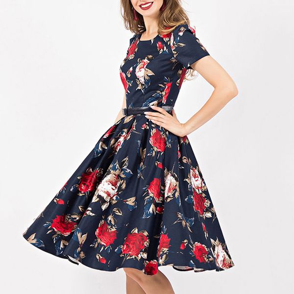 

2020 летом женщины печатных короткими рукавами стиль хепберн без пояса, Black;gray