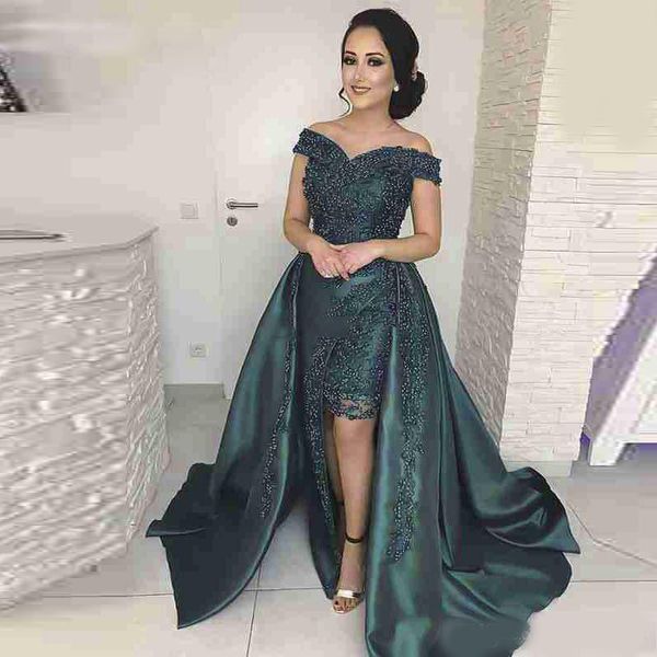 

dark green high low mermaid lace prom dresses with overskirts appliques beaded african off shoulder formal evening party gowns, Black