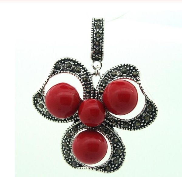 

vintage 925 silver red coral bead marcasite pendant 47x37mm