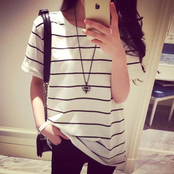 

european american classical style women tshirt striped color short sleeve o neck women t-shirt casual loose t shirt femme, White