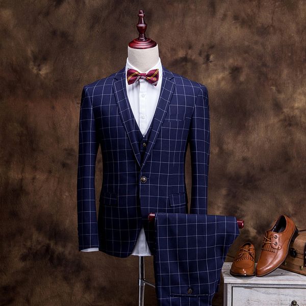 

tuxedos three-piece suit (coat pants vest) spring and autumn plaid business formal wedding groom groomsmen dress, Black;gray