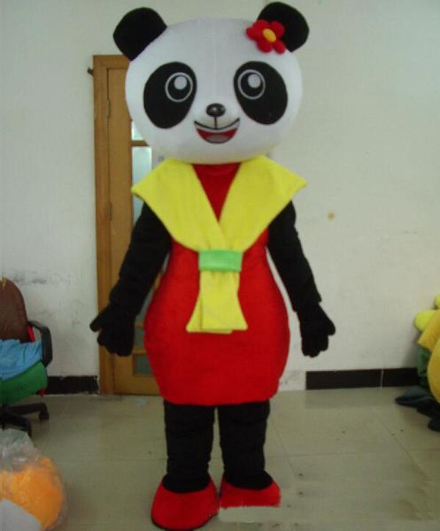 2018 Vendita diretta in fabbrica un costume da mascotte panda da donna con vestito rosso e sciarpa gialla da indossare per adulti