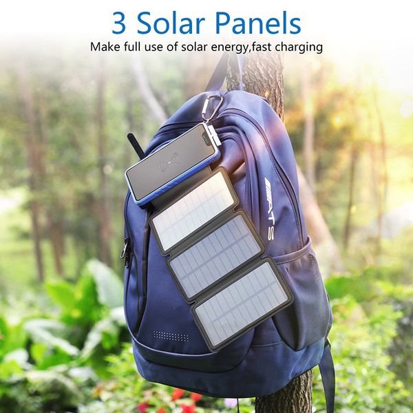 

solar power bank 20000mah with 3 solar panels foldable qi wireless charger waterproof dustproof fallproof powerbank 10000mah with flashlight