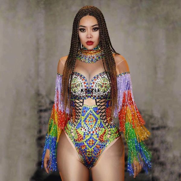 

dj colourful tassel sleeve jumpsuit women rhinestones dress singer stage clothes gogo dancer costume party fringe bodysuits, Black;red