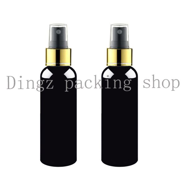 

100ml empty makeup setting spray pump plastic black bottle with gold aluminum collar 100cc perfume pet bottle container