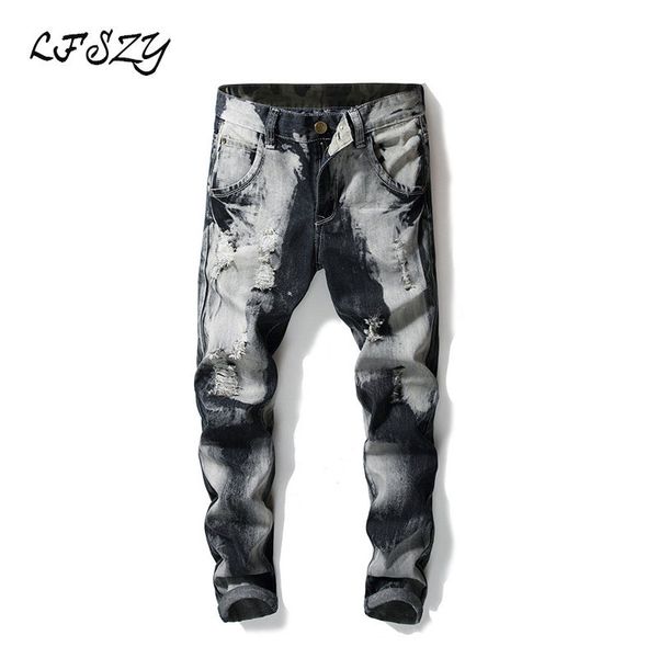 

2019 new men's jeans men's personality washed hole jeans high street denim trousers ripped for men size 28-36 38 40, Blue