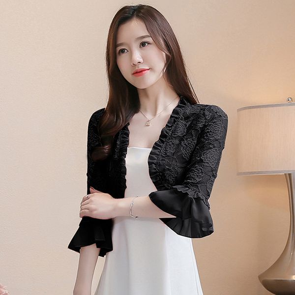 

women's jackets women summer 3/4 sleeve shawl lady thin lace open stitch coat femme white hollow out coats bolero, Black;brown