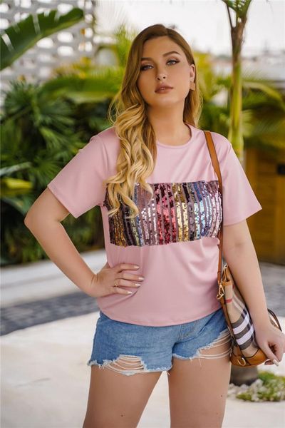 

neck tees female clothing womens designer plus size tshirt summer 2020 new short sleeve sequins crew, White