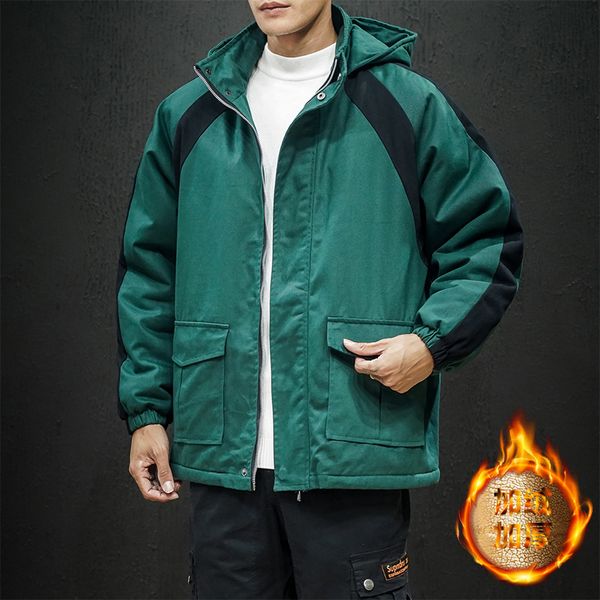 

men's down & parkas winter lambskin jacket men warm thick fashion parka solid color casual hooded coat man wild loose cotton male, Black