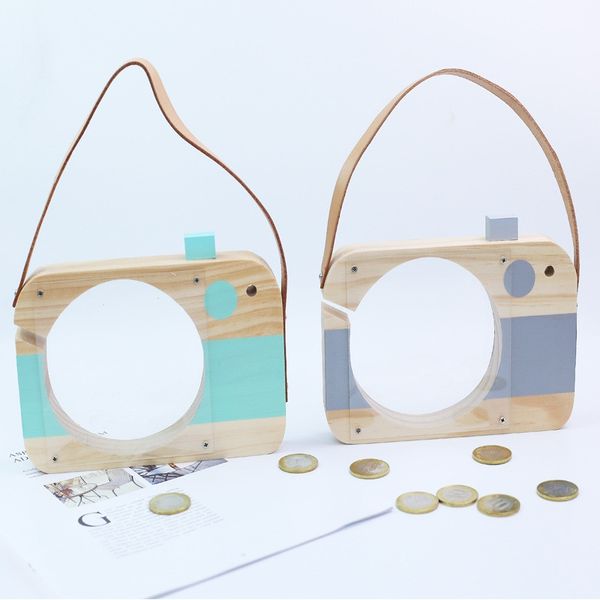 

nordic style wooden money boxes cute cartoon camera shape transparent piggy bank money saving box kids toy coin storage box cans