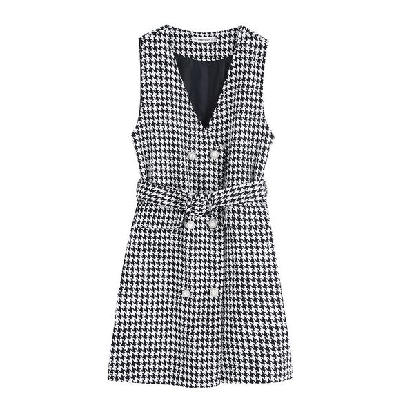 

women long vest autumn 2019 new fashion houndstooth woolen double breasted modern lady fall dress vest, Black;white