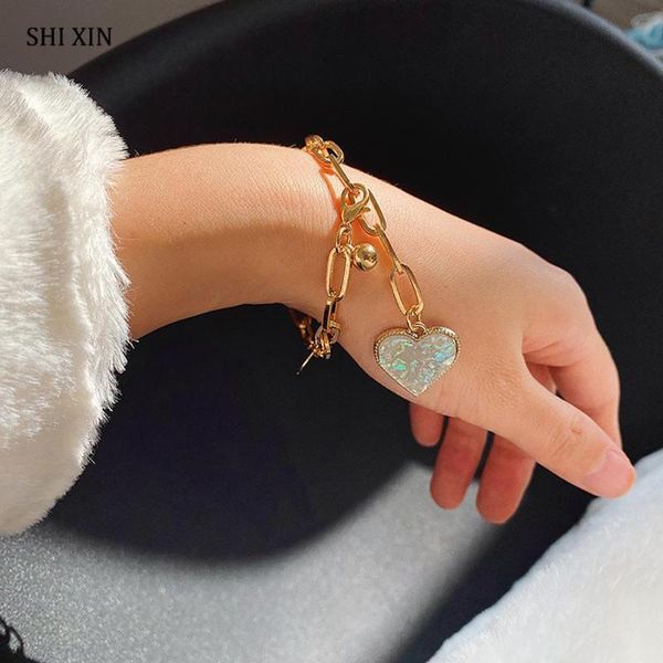 

shixin charms heart pendant chain bracelet bangle for women gold color chunky hand chain boho korean fashion bracelet femme 2020, Golden;silver