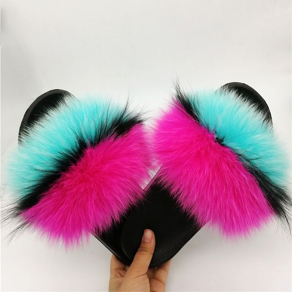 

fur slides women real fox fur slippers fluffy furry slippers flat summer sandals female cute house shoes woman brand luxury shoe, Black