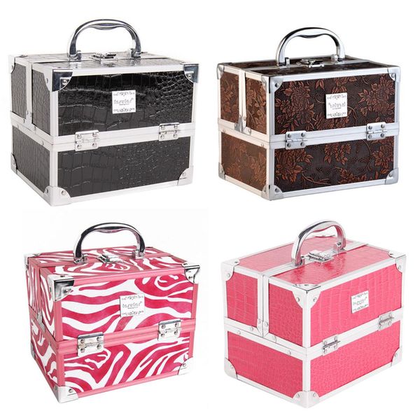 

behogar portable aluminum alloy pu leather cosmetic makeup vanity storage box case organizer with 5 pull-out trays