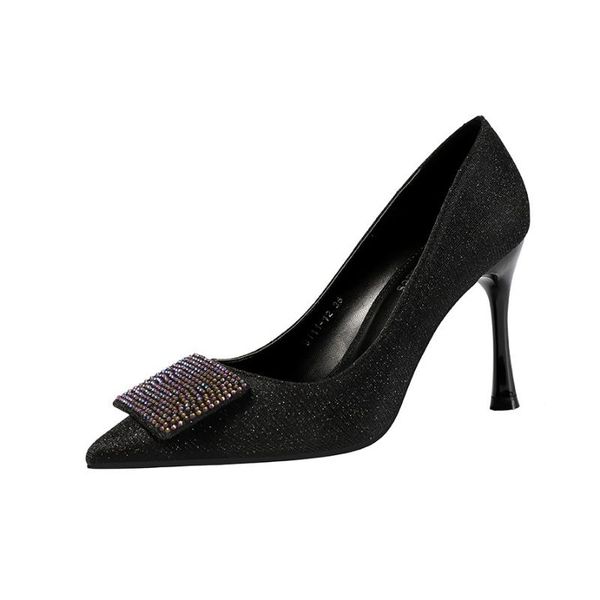 

9.5cm pumps 2020 pointy rhinestone heels nightclub shoes thin thin heels sequined french women's shoes, Black