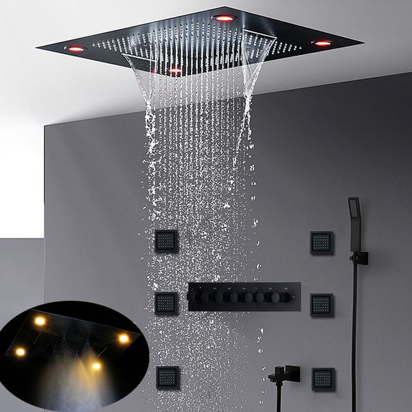 

роскошь наиболее полный черный матовый душ набор скрытый потолок большой осадков led водопад misty ванна система термостатический showerhead