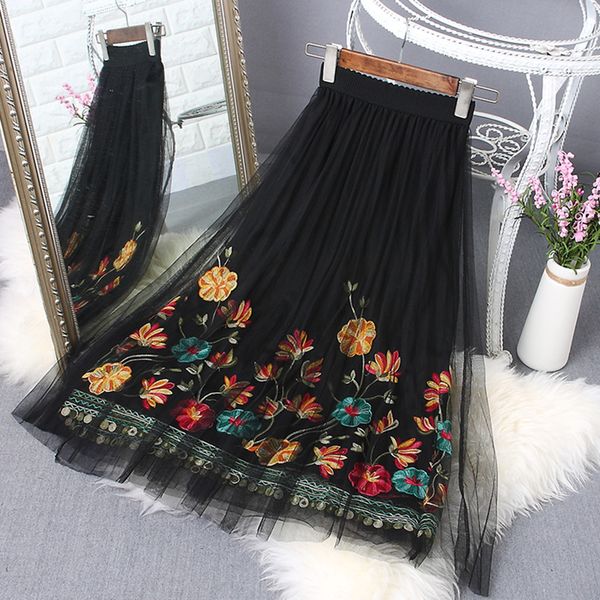 

yilin kay 2019 лето эластичный пояс цветок вышивка марли skirt.sexy boho элегантный черный белый цветочный вышитые юбки, Black