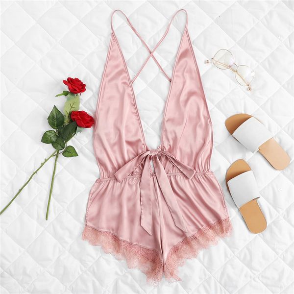 

womens pajamas lingerie open back eyelash contrast lace trim hem teddy romper bodysuit criss cross women onesies sleepwear, Black;red