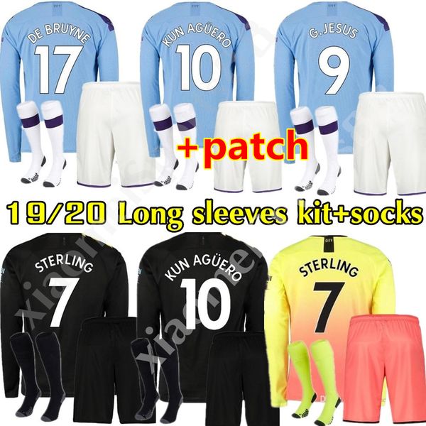 

19 20 manchester soccer jersey city kit long sleeves men kun aguero home away 3rd 2019 2020 sterling de bruyne football uniform, Black
