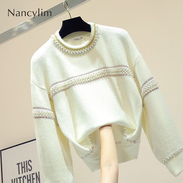 

2019 autumn winter new womens embroidered bead knitted jacket sweater girls lady temperament white sweater pull coat turtleneck, White;black