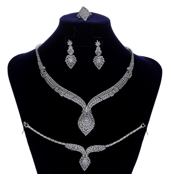 

jewelry sets hadiyana elegant trendy women wedding necklace earrings ring and bracelet set cubic zircon cn1569 conjunto de joyas, Silver