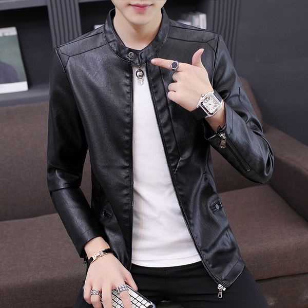 

autumn and winter on new style men's leather coat korean-style slim fit youth fashion stand collar pu leather jacket men's coat, Black