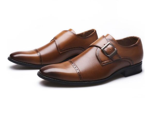 

pointed toe british business fashion wedding plus size men leather shoes set foot single buckle men's shoes, Black