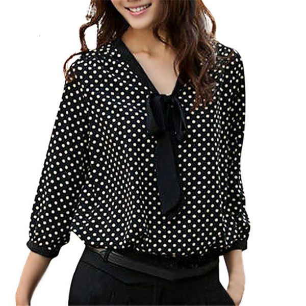 

женские топы блузы для женщин dot полька женщины шифон блузка плюс размер рубашки вскользь bowknot v шеи blusas femininas f 40ja26, White