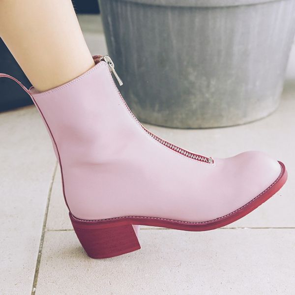 

black /pink boots sleek minimalist sweet casual zipper boots 2018 comfortable round toe square heel women's short