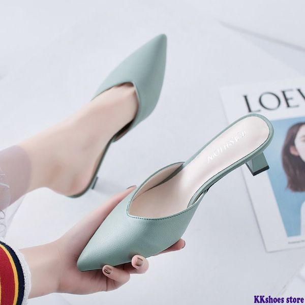 

summer women slippers female mules fashion 5cm med heels shoe pointed toe elegant woman slipper 2020 lady sandals, Black