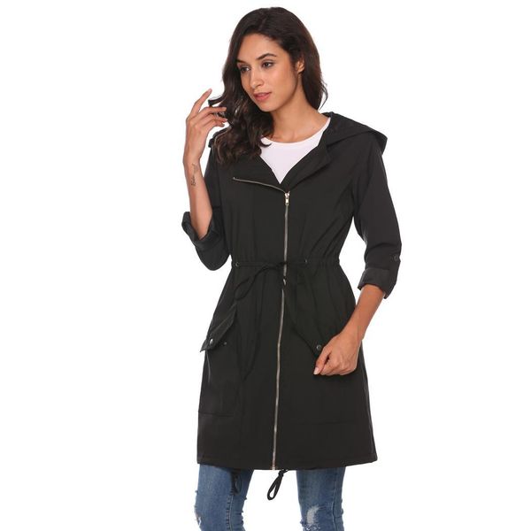 

women long sleeve hooded long windcoat zipper closure straight loose outwear height 174cm bust 82cm waist 61cm hip 85cm, Tan;black
