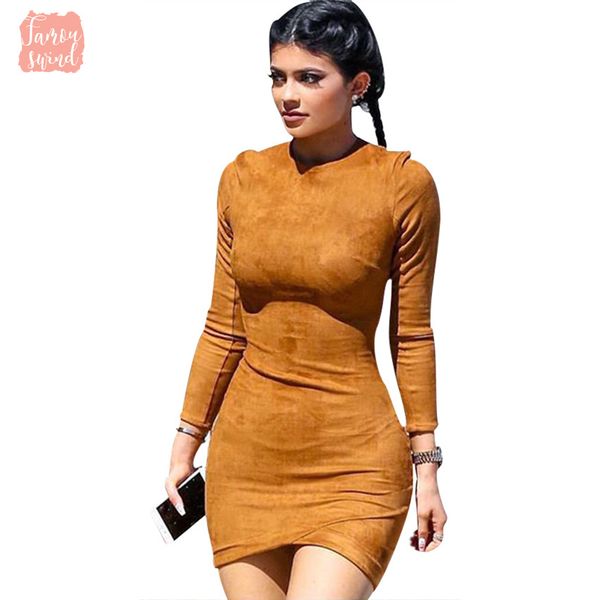 

sleeve party faux winter dresses slim long dress club brown vestido kylie skin tight suede bodycon dress designer clothes, Black;gray