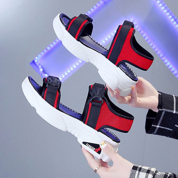 

summer women platform sandals personality buckle fashion street solid color charm open toe flat heel casual women sandals, Black