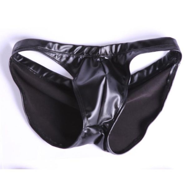 

plus size men oil latex underwear pu package hip u convex pouch briefs g-string low waist thong gay wear erotic undershorts, Black;white