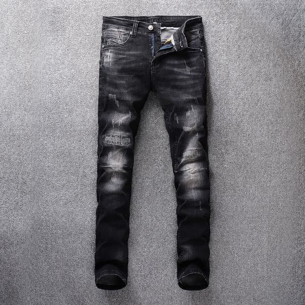 

black color vintage fashion men jeans slim fit patch design ripped jeans for men white washed classical homme denim pants, Blue
