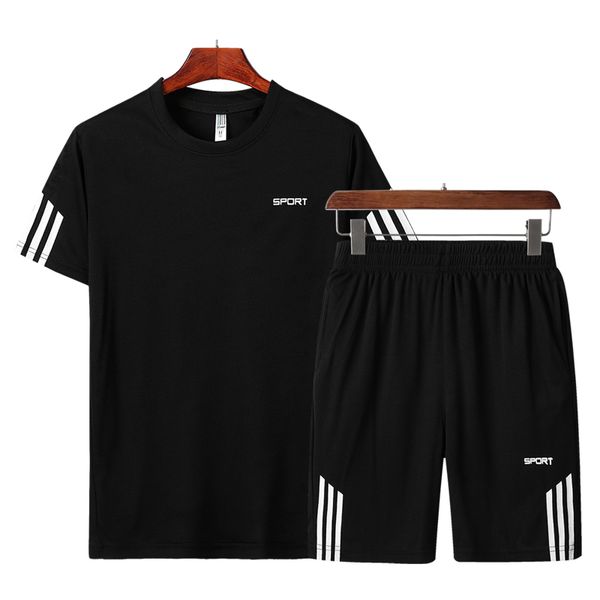 

casual male fashion clothing summer men set fitness suit sporting suits short sleeve t shirt + shorts quick drying 2 piece set, Gray