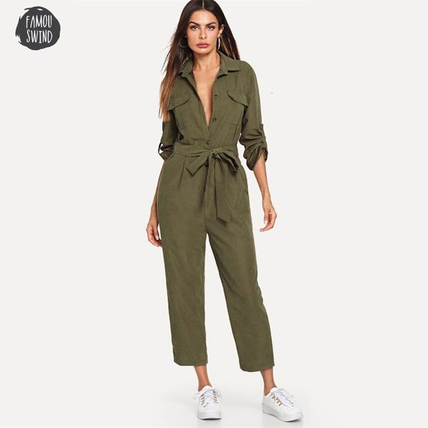 

army jumpsuit green casual button shirt women 2019 jumpsuits roll up sleeve tapered mid waist belted tooling jumpsuit, Black;white