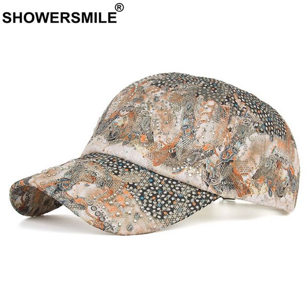 

showersmile women baseball cap diamond floral snapback hats for girl khaki mesh rhinestone bohemian summer autumn ladies dad hat, Blue;gray