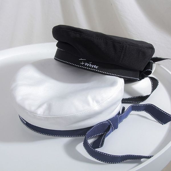 

french style women girls flat beret cap with ribbon bowknot letters embroidery elegant artist painter student navy hat, Blue;gray