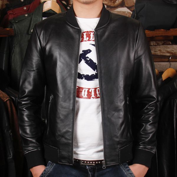 

2018 sheep skin leather men jacket collar short baseball jacket coat, Black