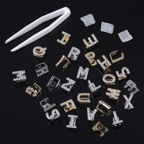 

dental grills jewelry luxury bling zircon micro paved teeth braces street fashion 18k gold plated a-z 26 letters hip hop grillz lp029, Black