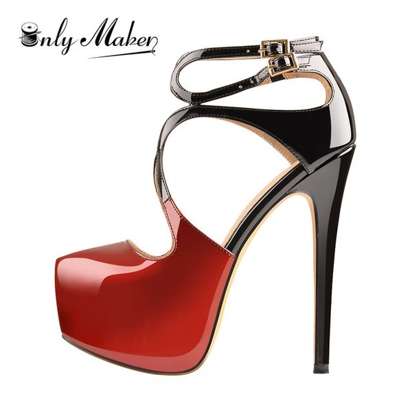 

onlymaker women's 15~16cm high heel ankle strap platform stilettos pointed toe sandals pumps big size us5~us15, Black