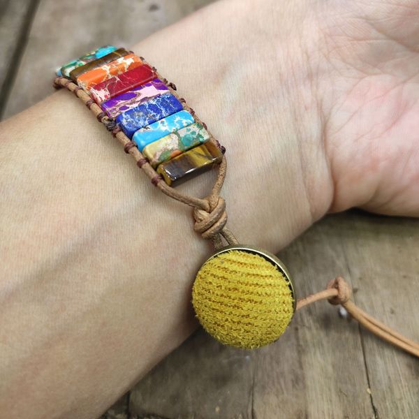 

color chakra bracelet handmade natural stone tube beads leather wrap bracelet couples bracelets creative gifts dropship, Golden;silver