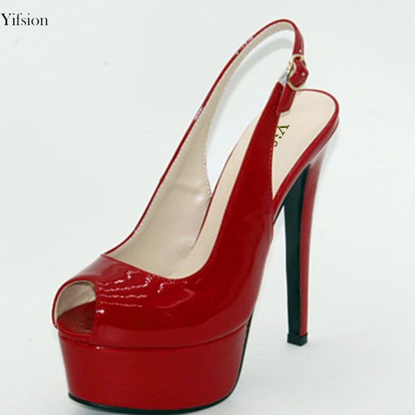 

rontic new popular women platform sandals thin high heels sandals peep toe red party prom shoes women us plus size 4-.5, Black