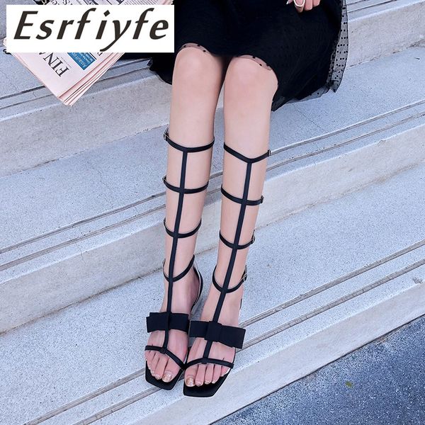 

esrfiyfe genuine leather gladiator cut out open toe womens knee high sandals boot 2018 new arrival fashion cutout tall boots, Black