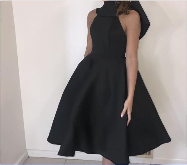 

little black tea length prom dresses high neck ball gown bow satin cocktail dress plus size evening gowns, Red
